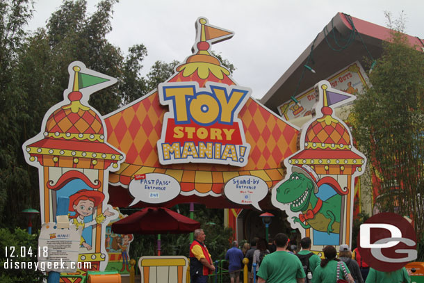 To the left once you enter is Toy Story Mania's entrance.
