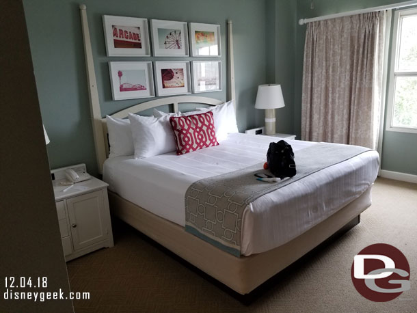 We had a 1 bedroom villa at Disney's Boardwalk Resort this visit. Here are a couple quick pictures of the room.  No major changes since last time we stayed there.  This is the bedroom.