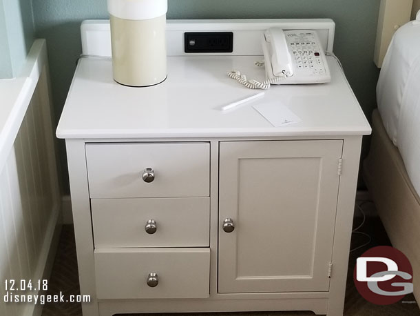 Each side of the bed had two USB plugs and two electrical outlets on the night stand.