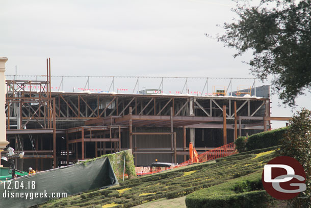 A closer look.  They have started to build the facade for the show building with steel rising in front of the main building.