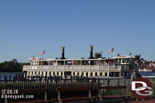 9:37am off the bus and walking toward security.  A Magic Kingdom ferry had just emptied.  It is a less crowded experience now that those guests already went through security at the transportation and ticket center or Epcot.