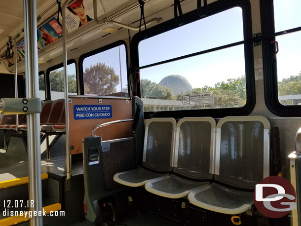 Onboard a bus and leaving Epcot for Saratoga Springs enroute to Disney Springs.