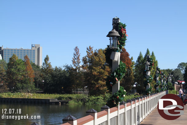 Christmas decorations on the bridge to Disney Springs