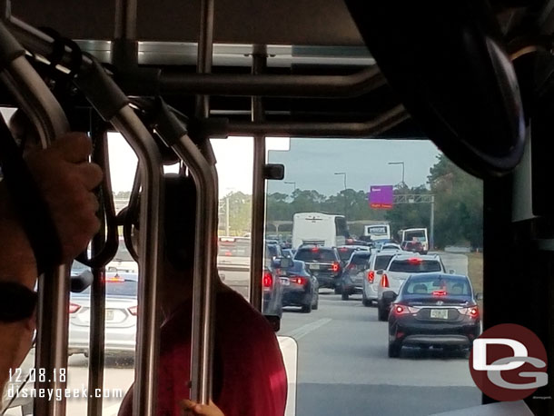 On a bus and heading to the Magic Kingdom at 9:18am.  But as soon as we merged onto World Drive traffic was at a crawl.