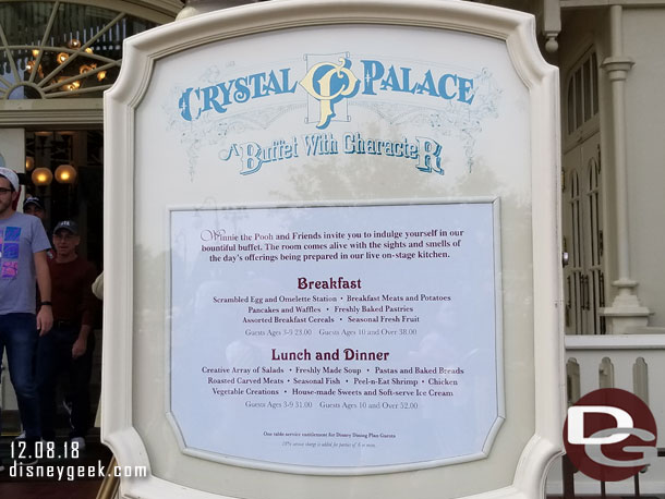 Cystal Palace pricing for today. Breakfast $38 and Lunch/Dinner at $52 for adults.