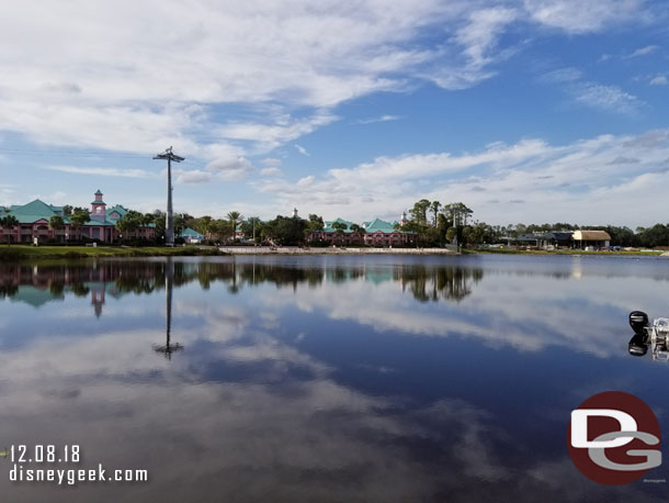 A wider view of the Disney Skyliner.  To the right the Riviera Station.  To the left a tower on the way to the Caribbean Beach Resort station.