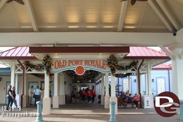 Christmas decorations line the entrance walkway.