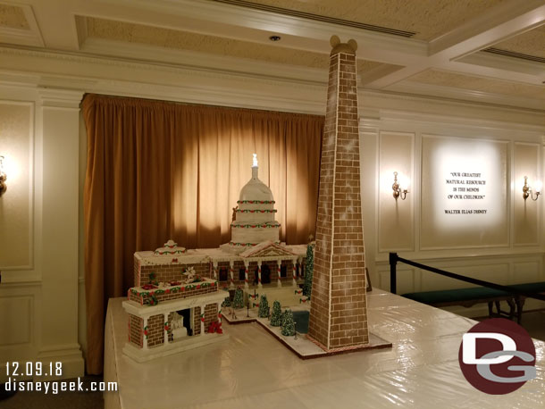 In the American Adventure lobby there is a gingerbread display with some Washington Landmarks.