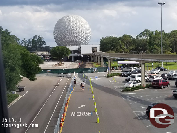 Passing over the Epcot parking lot.  you can see the temporary walkway and tramway and then beyond it the fenced off area that is being removed and rebuilt.