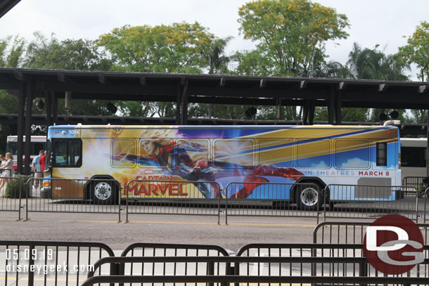 Arriving at 9:16am and spotted a bus with a Captain Marvel wrap.
