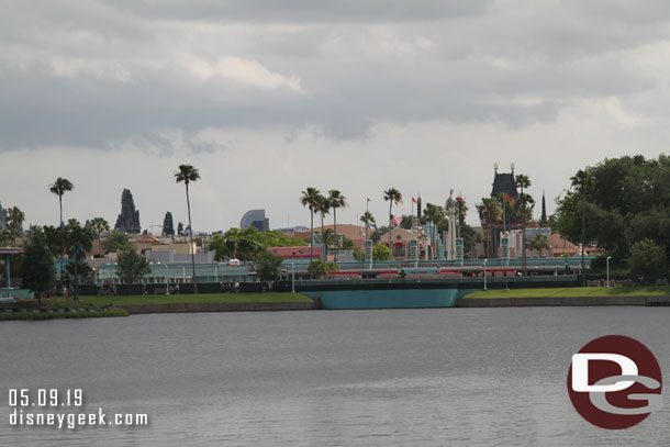 On the left you can see some of the rock formations from Star Wars: Galaxy's Edge towering above the park.