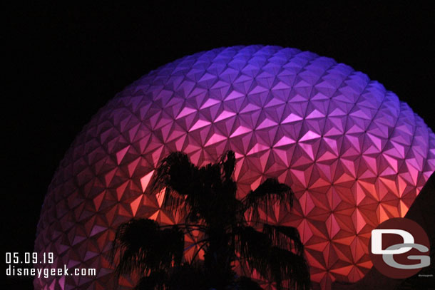 One final picture of Spaceship Earth on the way out this evening.