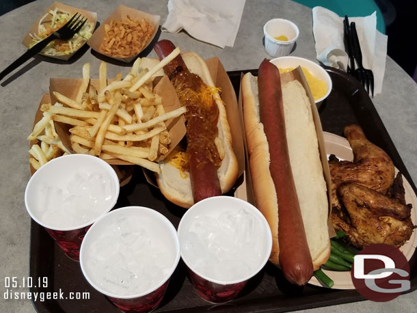 Stopped at Cosmic Rays with the plan of a small meal but due to them goofing up the order a couple of times we ended up with a tray full of food.  Our plan was a plain hotdog and then some chicken and fries. We ended up with several sides and two hot dogs.