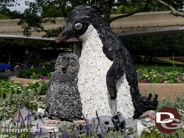Penguin sculpture out of plastic trash