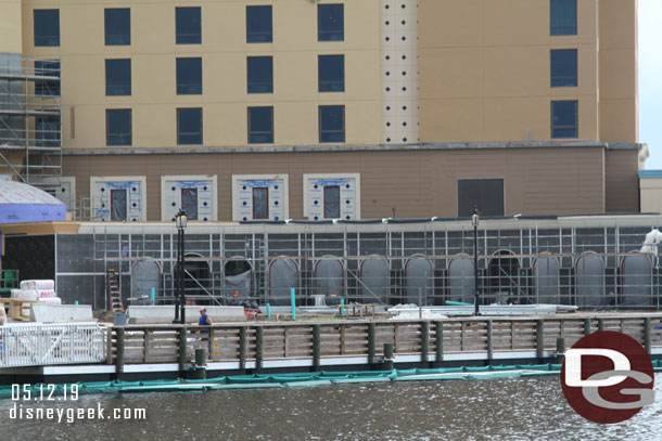 An enclosed walkway is still being finished between the new tower and original lobby building.