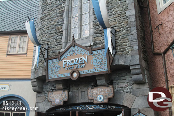 A 50 minute wait for Frozen but it looked shorter than that inside.  Seems with the rain less FastPass+ people were showing up too.