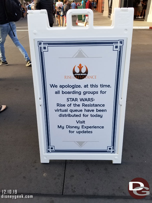 Signs were being put up saying all Rise of the Resistance Boarding Groups are gone for the day