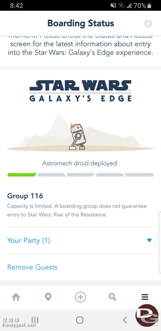 I checked the app and it would still let me join a group so I did, group 116.   The rest of my group arrived a few minutes later and by that time the group was full and no more boarding passes were available.