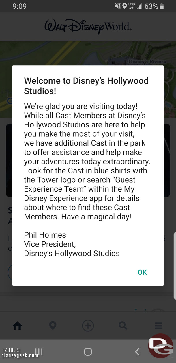 While in flight, but well after leaving the studios received a push alert from the WDW App.  It was welcoming me to the Studios.  I received this about the time we were at the Riviera Station.