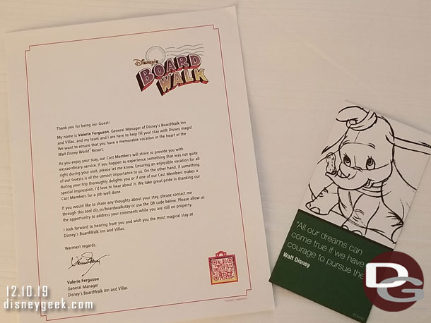 A welcome letter and character card.