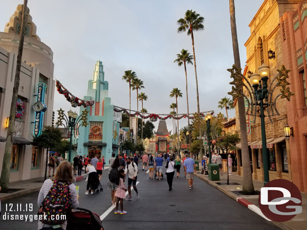 Hollywood Blvd at 7:30am.  I secured my boarding group for Rise of the Resistance, group 68 today, after a minor snag with the system not thinking my entire party was in the park yet.