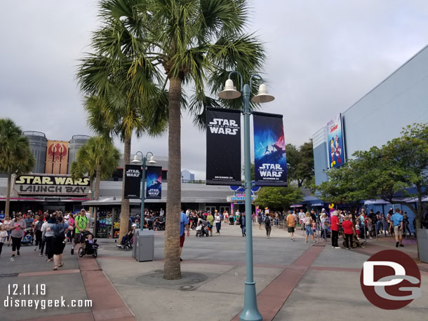 Star Wars: The Rise of Skywalker banners in the courtyard.