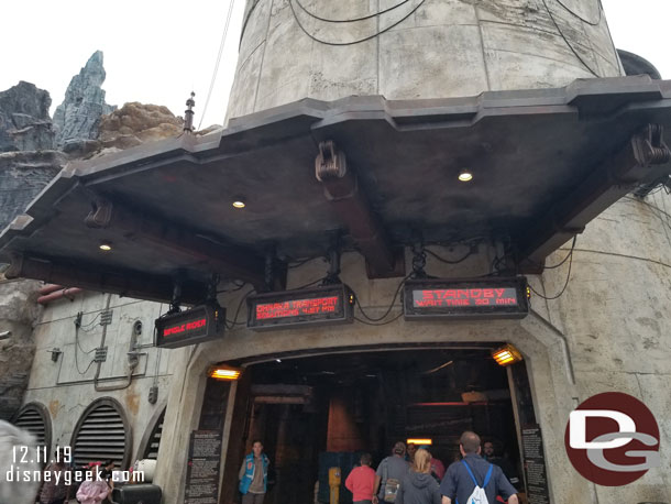 Posted 30 minute wait for Smuggler's Run.  I opted to use single rider and it was under 5 min from entering queue to waiting for my group to be called.