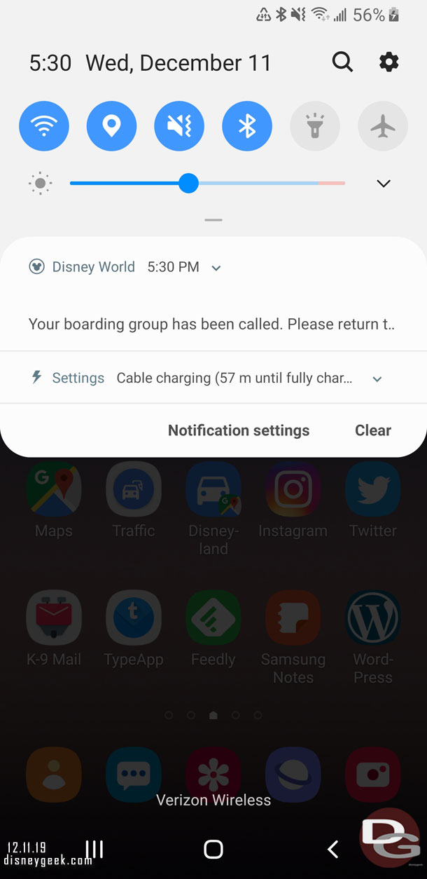 My phone vibrated and a push alert from Disney World saying my boarding group had been called.