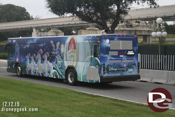 Cinderella Wrapped bus arriving at the Magic Kingdom.