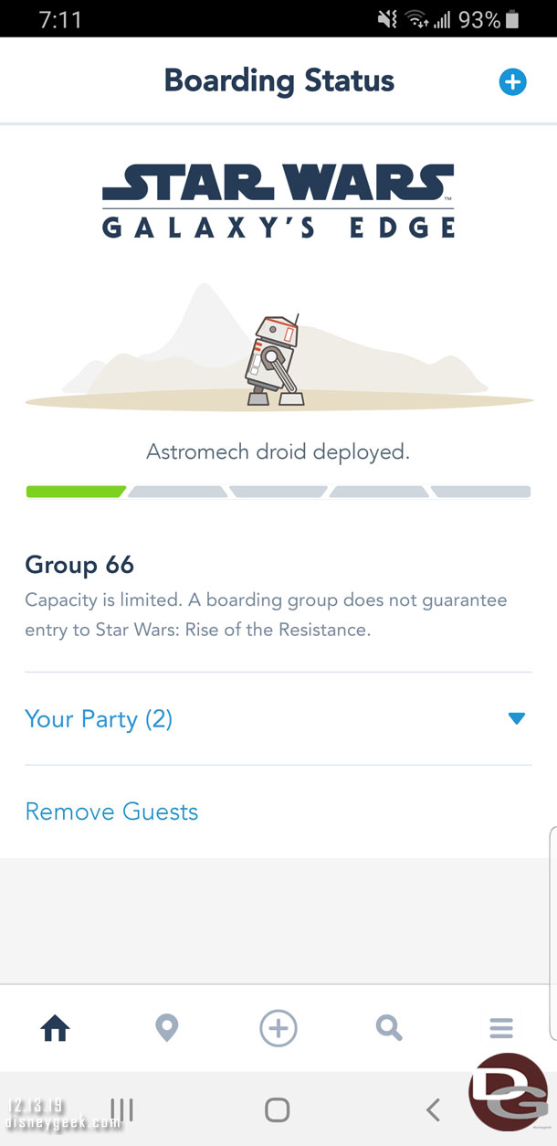 7:11am - have my boarding group, #66 today for Rise of the Resistance.