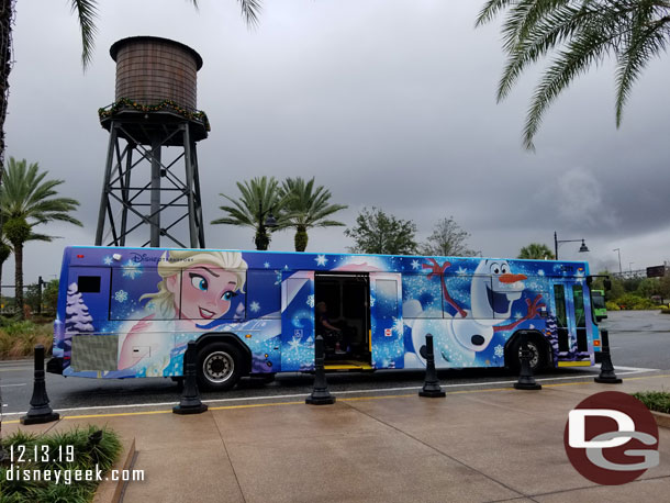 Frozen wrapped bus at Disney Springs.