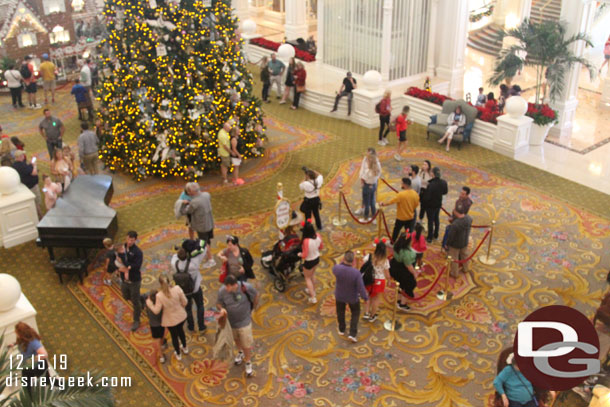 A line of guests for their photo in front of the tree.