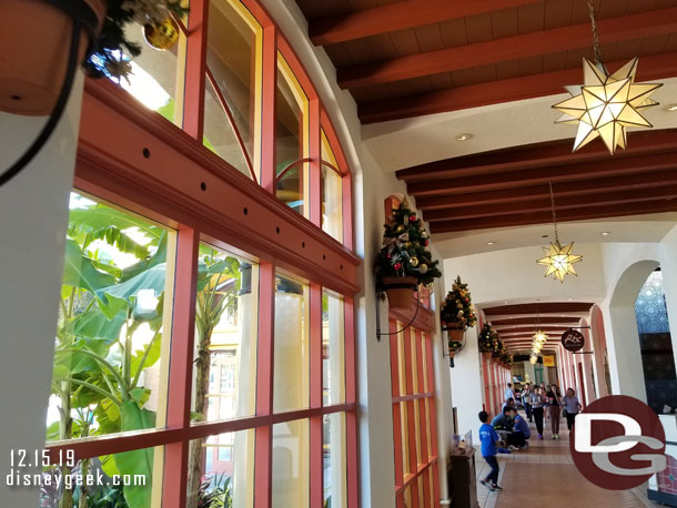 Christmas decorations line the walkway