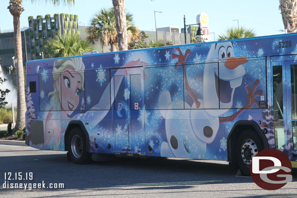 At Disney Springs there were a lot of wrapped buses today.  Here is a Frozen one.