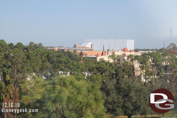 The show building for the Guardians attraction dominates the skyline.