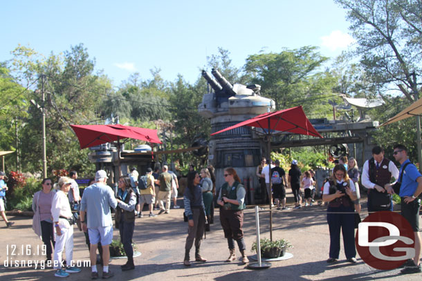 There are a lot of Cast Members at the entrance to Rise of the Resistance to help with the various queues and checks.  This group was checking for FastPass returns (FastPasses/reboarding passes are issued if it goes down as well as for boarding groups that did not get called the previous day).