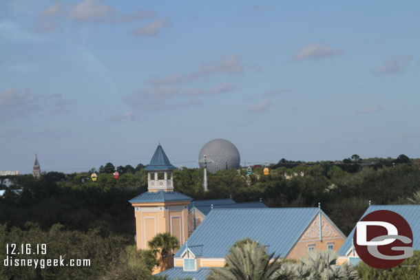 Caribbean Beach Resort with the Skyliner in the mid ground and Spaceship Earth in the background.