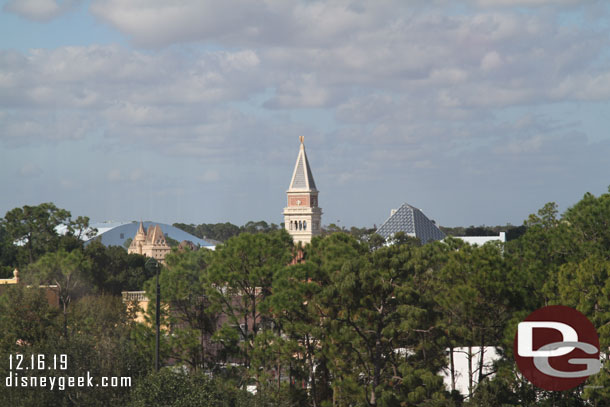 Some of the sights of Epcot over the treeline.