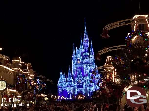 Cinderella Castle with its ice lights on.