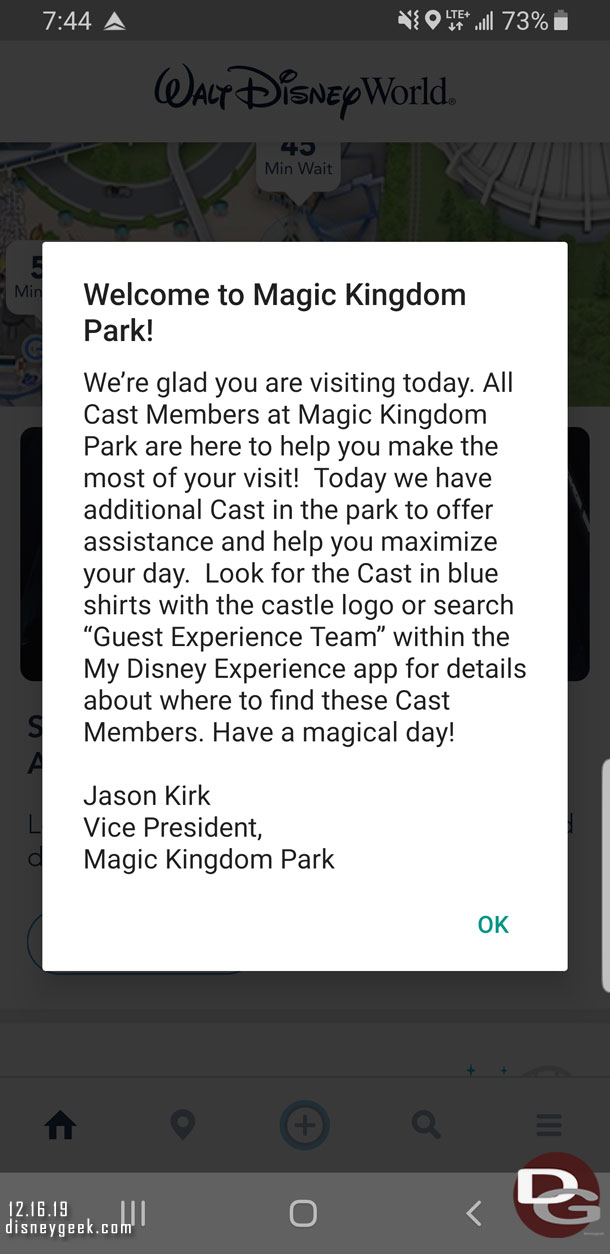 Push notice on myDisneyExperience welcoming me to the Magic Kingdom