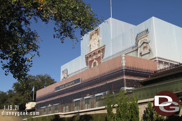 8:45am - First time in a Disney Park since March 5th for me.  The Main Street Train Station is being renovated and has a printed scrim around it.