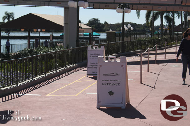 After exiting the Magic Kingdom some of our group returned to the Contemporary the rest of us walked around for a while.  Here is a look at the resort monorail queue entrance. There was no line this afternoon.