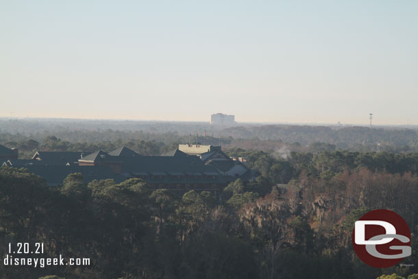 Continuing to the right more of the Wilderness Lodge in the foreground and the Gran Destino at Coronado Springs in the distance.  And to the right you can just barely make out Blizzard Beach