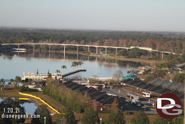 A closer look between the buildings and you can see the Magic Kingdom ferry dock and some of the bus stops.