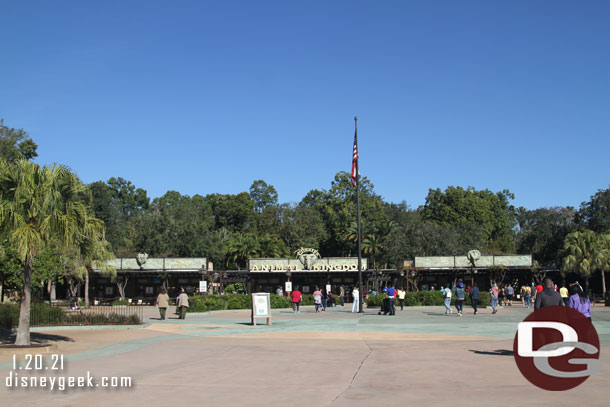 Security at the Animal Kingdom is now in new larger structures that are about where the old tram stop was.  This allows for a much more open view of the park entrance. This picture was taken just after passing through security.