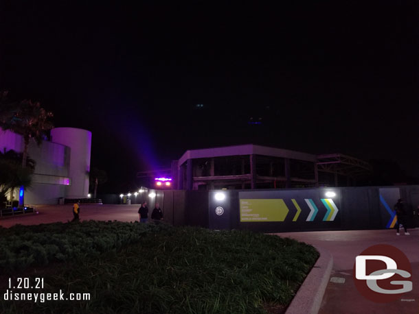 Lights on a temporary truss for Spaceship earth as they are working on removing the Communicore/Innoventions building still.