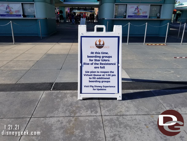 A familiar site.. an A-Frame saying the morning Rise of the Resistance Boarding Groups were gone (we tried earlier this morning and the app crashed so we did not get one).