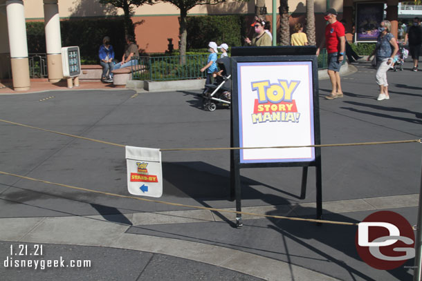 The extended queue for Toy Story was set up and the entry was near the restrooms before you enter the Toy Story Land.