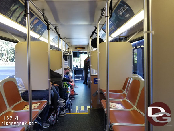 The bus is divided into sections.  Seats are numbered and some are blocked off to allow for more spacing.  No standing is allowed.