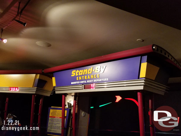 The wait was posted at 10 minutes.. we did not have to stop until we were assigned a row.  Still was close to 30 minutes from entering building until exiting Soarin.